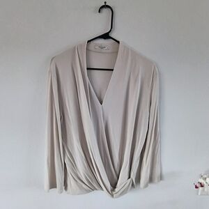 MM LaFleur Twist Front Top Medium Beige Long Sleeve Draped Blouse Stretch